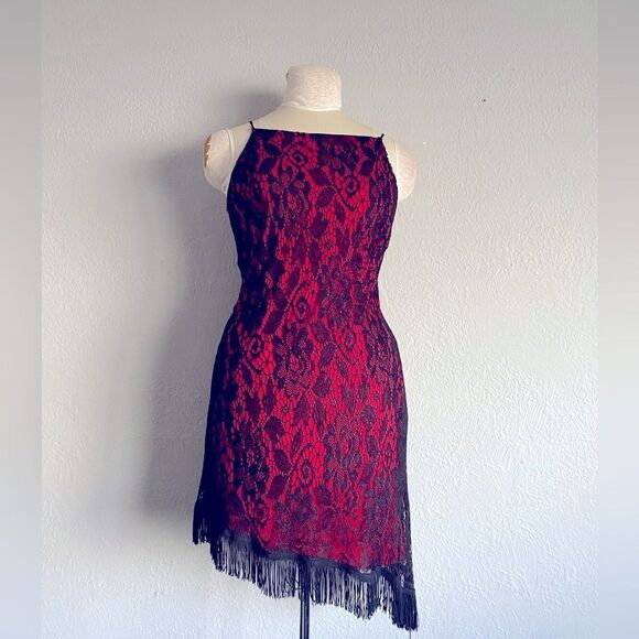 Vintage Mirrors Black &amp; Red Lace Fringe Dress Size Large